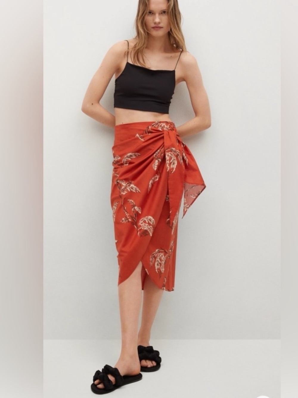Mango Red Palm Print Wrap Midi Skirt